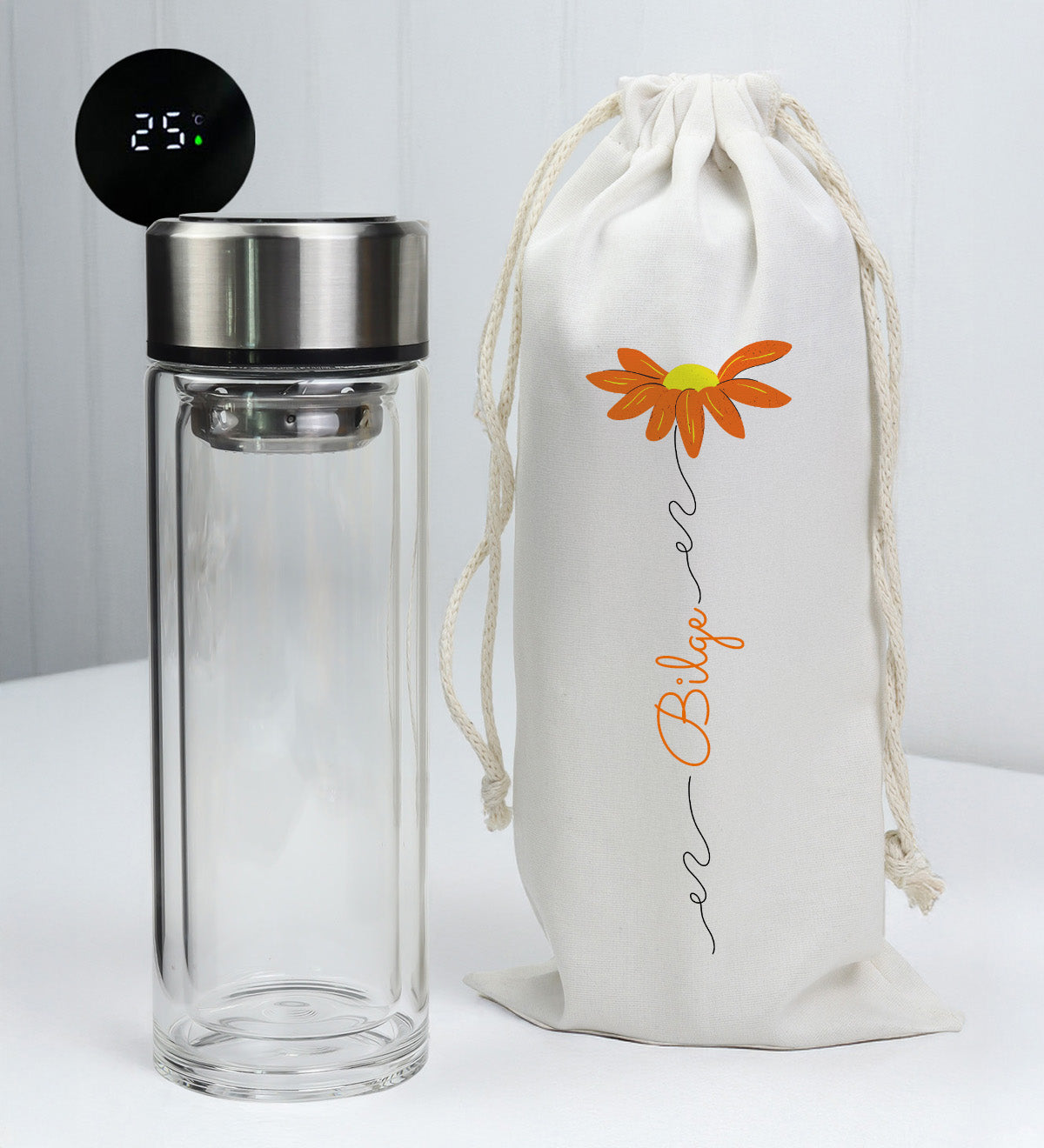 Kişiye Özel Kılıflı Dereceli Cam Matara & Turuncu Papatyalı Defter & Beyaz Tükenmez Kalem & 200 ml Kolonya & Turuncu Çerçeve