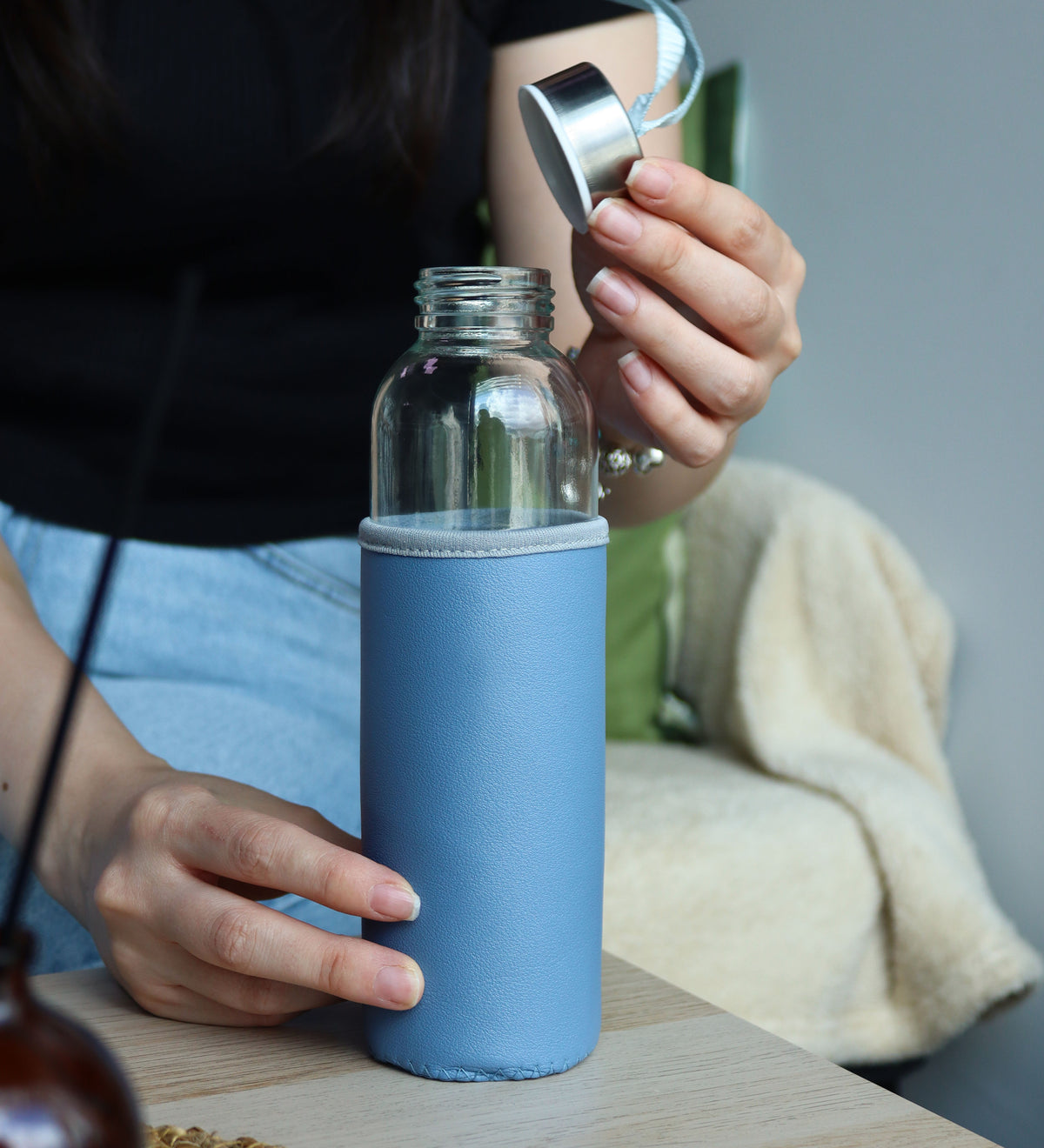 500ml Deri Kılıflı Su Matarası Mavi