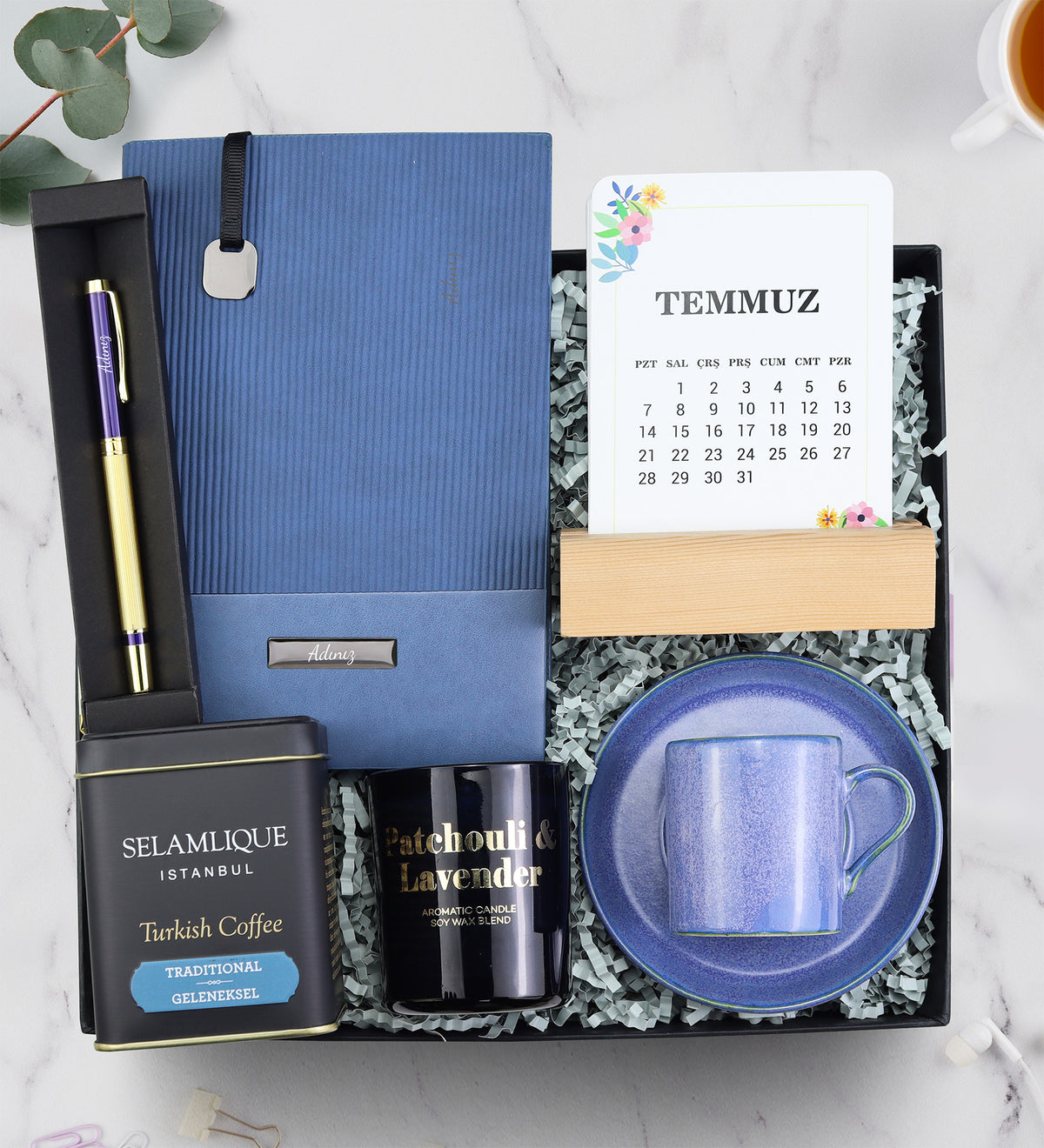 Defter & Kalem & Takvim & Türk Kahvesi & Mum & Fincan Hediye Seti