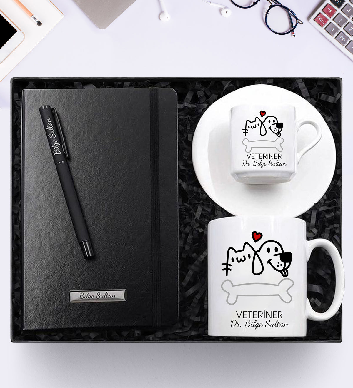 Kişiye Özel Harf Tasarımlı Kupa & Harf Tasarımlı Fincan & Siyah Defter & Siyah Mat Renk Roller Kalem Hediye Seti