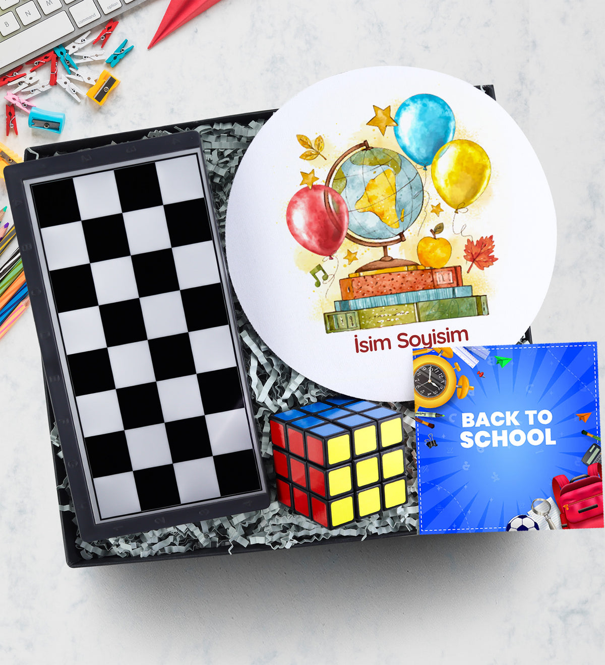 Manyetik Satranç - Tavla - Dama & Mousepad & Zeka Küpü Hediye Seti