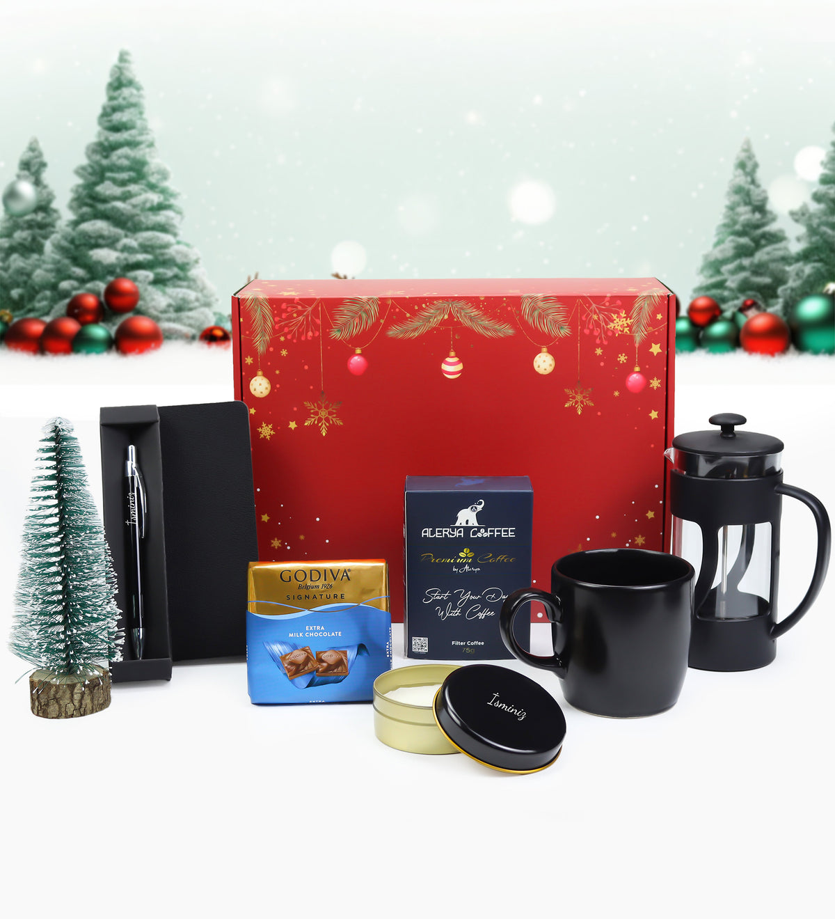 Kalem & Not Defteri & Çikolata & Kahve & Mum & Kupa & French Press & Çam Ağacı Hediye Kutusu