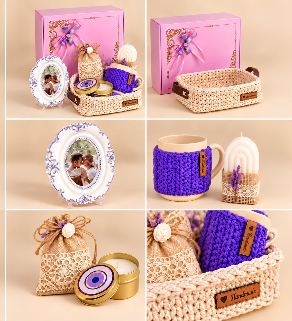 Ng Gifts Kişiye Özel Fotoğraflı Çerçeveli El Emeği Örgü Sepette Mor Hediye Seti