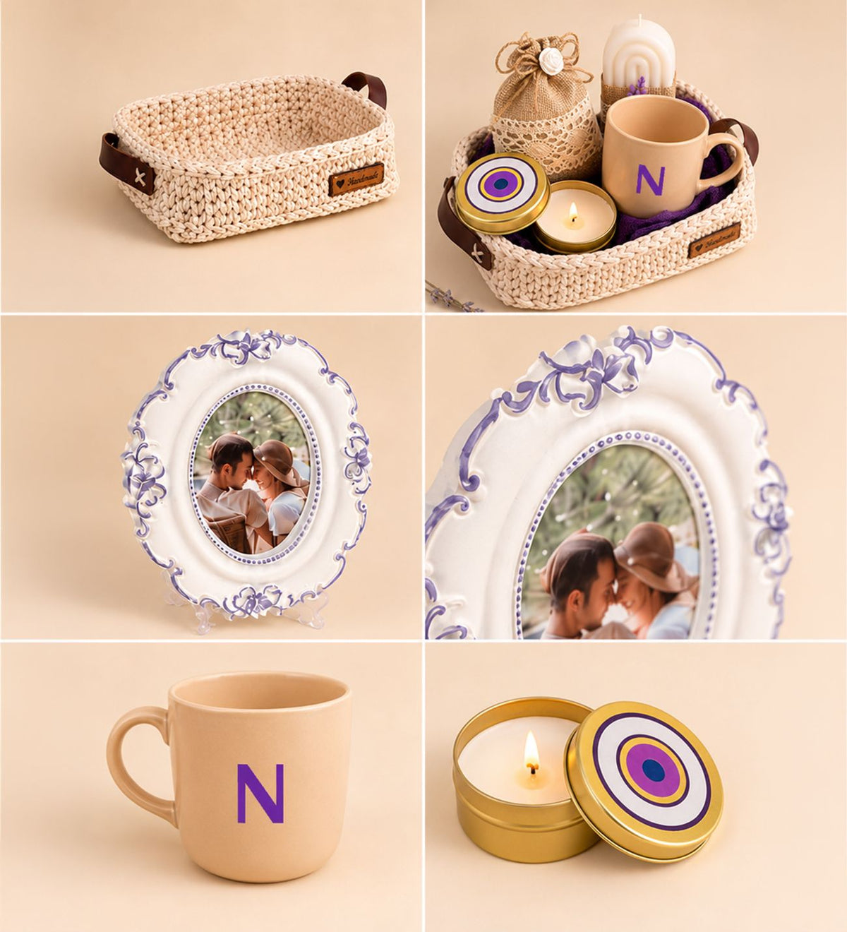 Ng Gifts Kişiye Özel Fotoğraflı Çerçeveli ve Baş Harfli El Emeği Örgü Sepette Lila Hediye Seti