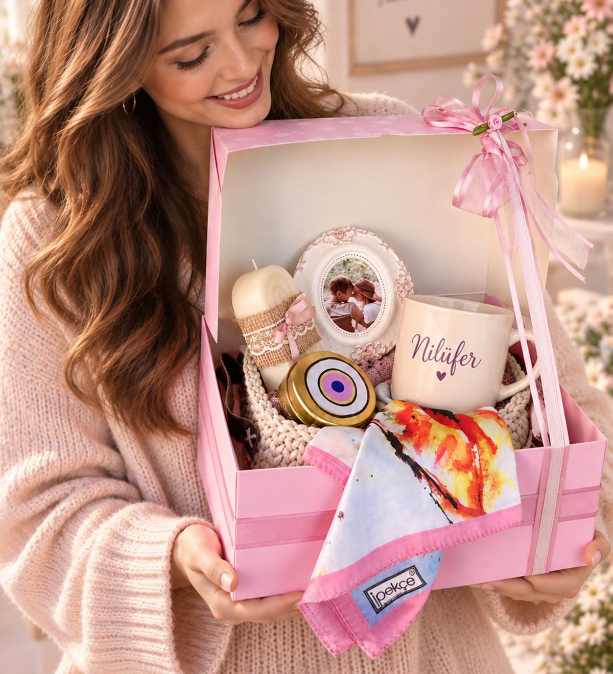 Ng Gifts Premium Kişiye Özel Fotoğraflı Çerçeveli El Emeği Örgü Sepette Pembe Hediye Seti