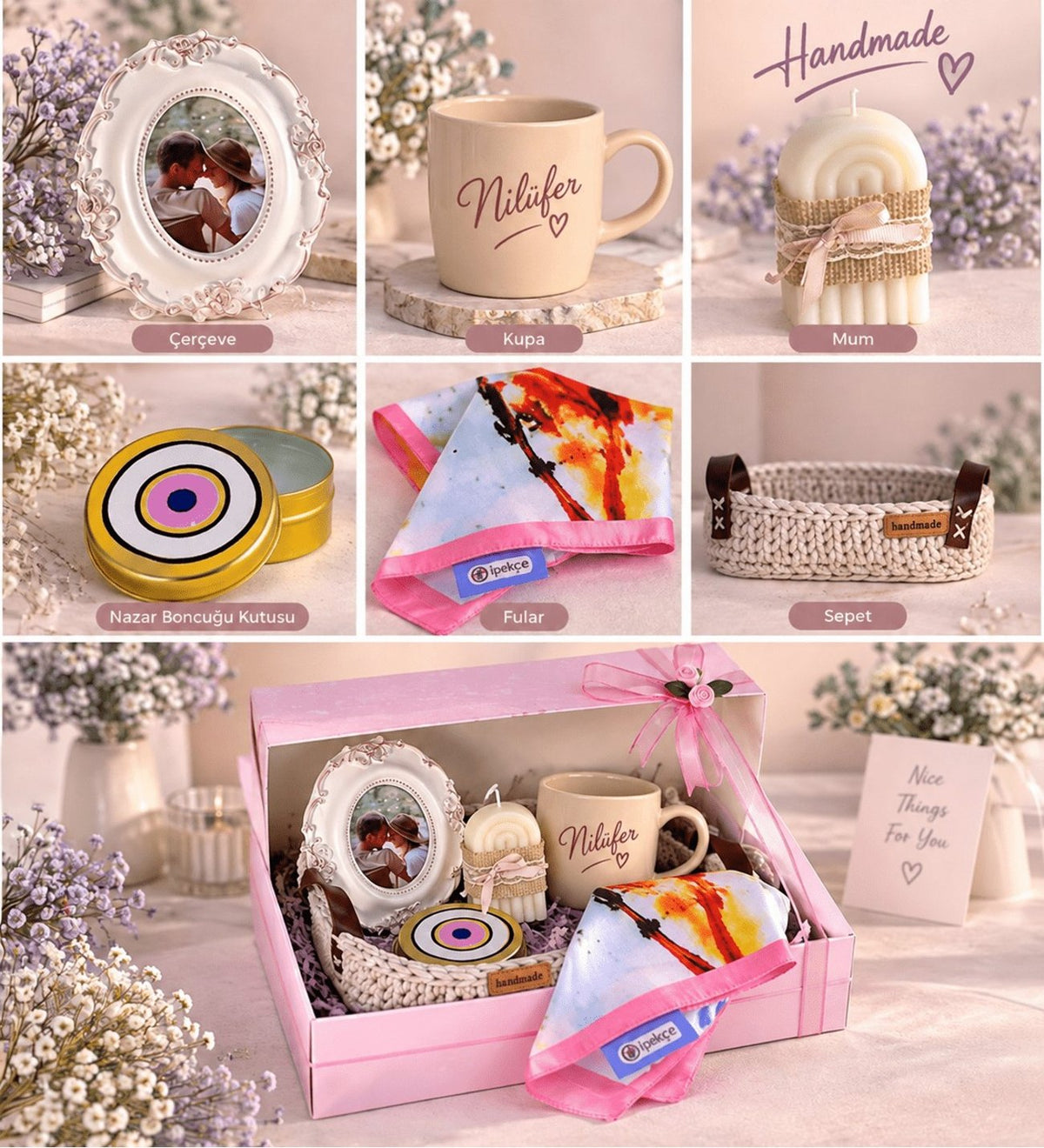 Ng Gifts Premium Kişiye Özel Fotoğraflı Çerçeveli El Emeği Örgü Sepette Pembe Hediye Seti