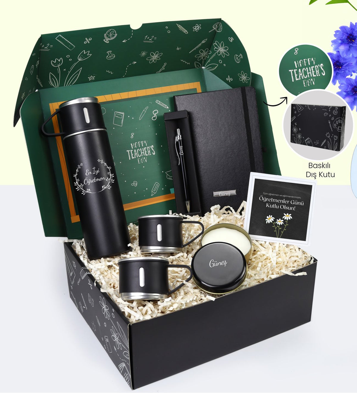 Öğretmenler Gününe Özel Kutusunda 3 Bardaklı 580 ML Çelik Termos & Gümüş Renk Detaylı Siyah Tükenmez Kalem & Defter & Siyah Metal Kutulu Mum Hediye Seti