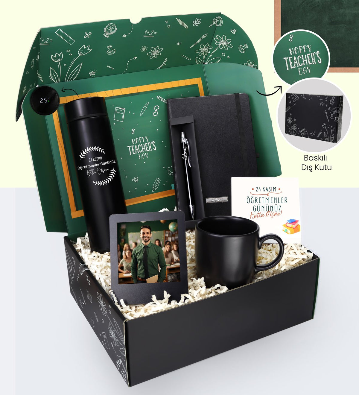 Öğretmenler Gününe Özel Kutusunda 500 ML Dereceli Termos & Gümüş Renk Detaylı Siyah Tükenmez Kalem & Defter & Kupa & İnstagram Çerçeve