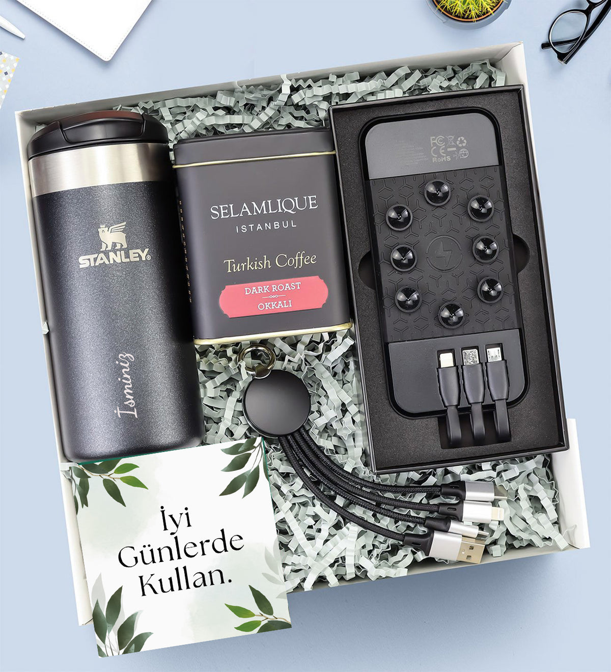 Kişiye Özel Stanley Termos Powerbank Çoklu Şarj Kablosu Kahve Kurumsal Hediye