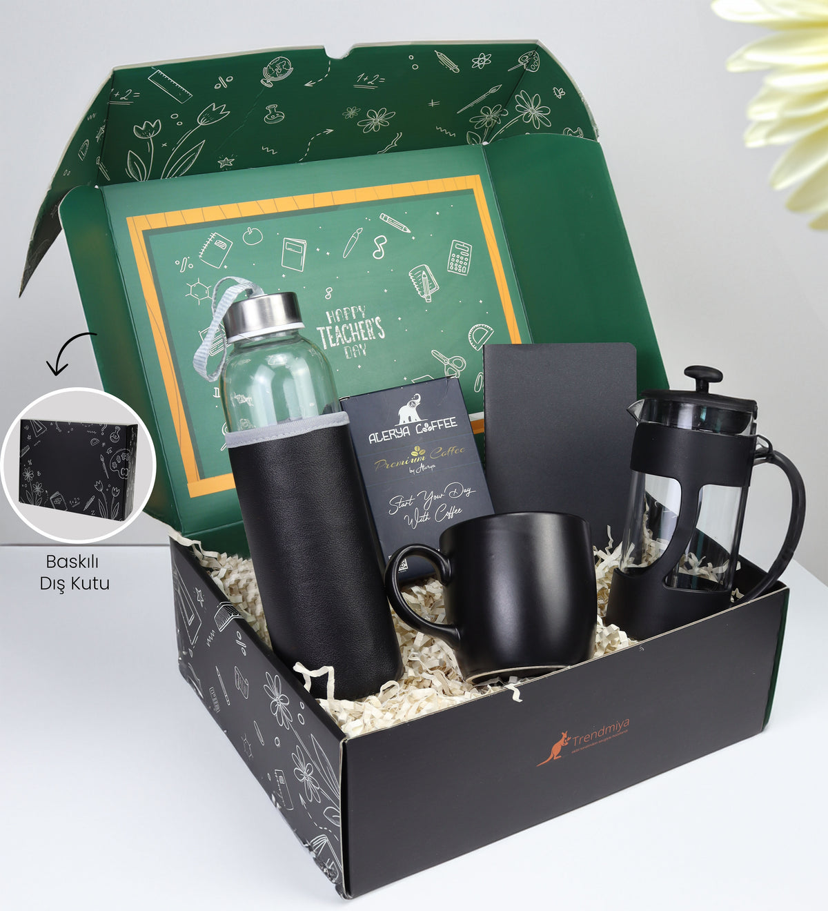 Özel Deri Kılıflı 500Ml Su Matarası & Alerya Premium Filtre Kahve & Siyah French Press & Siyah Kupa & Dikişli Mini Not Defteri Hediye Seti