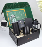 Özel Deri Kılıflı 500Ml Su Matarası & Alerya Premium Filtre Kahve & Siyah French Press & Siyah Kupa & Dikişli Mini Not Defteri Hediye Seti