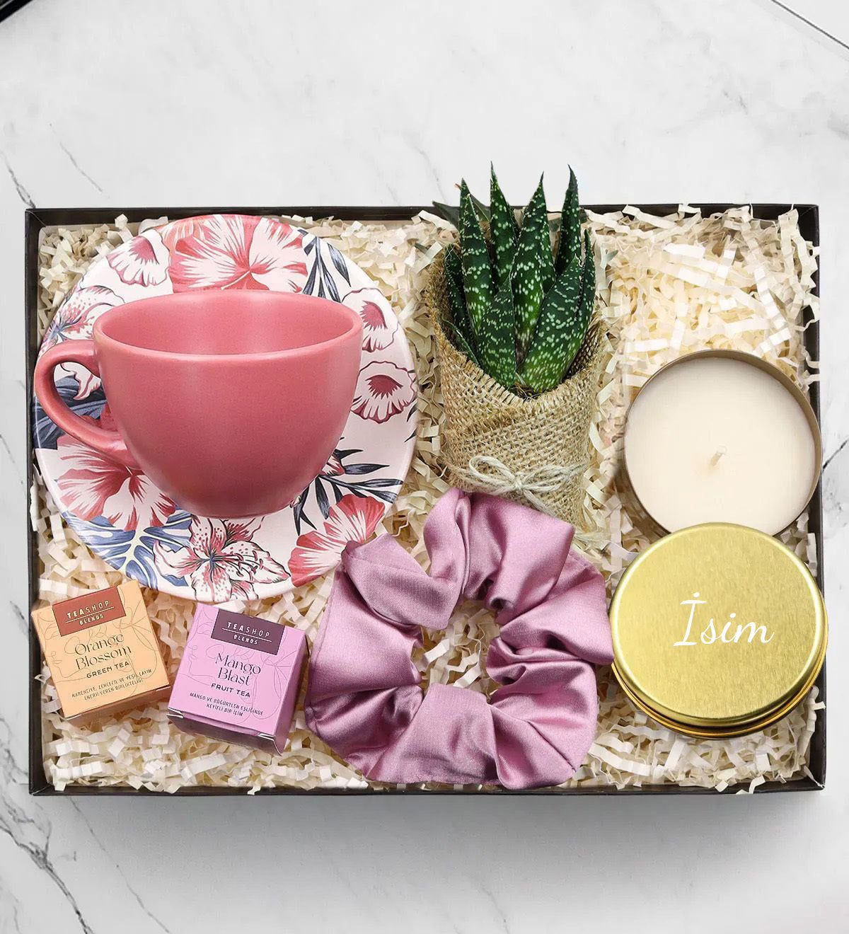 Pembe Çay Fincanı & Saten Toka & Sukulent & 2'li Tea Shop Çay Hediye Seti