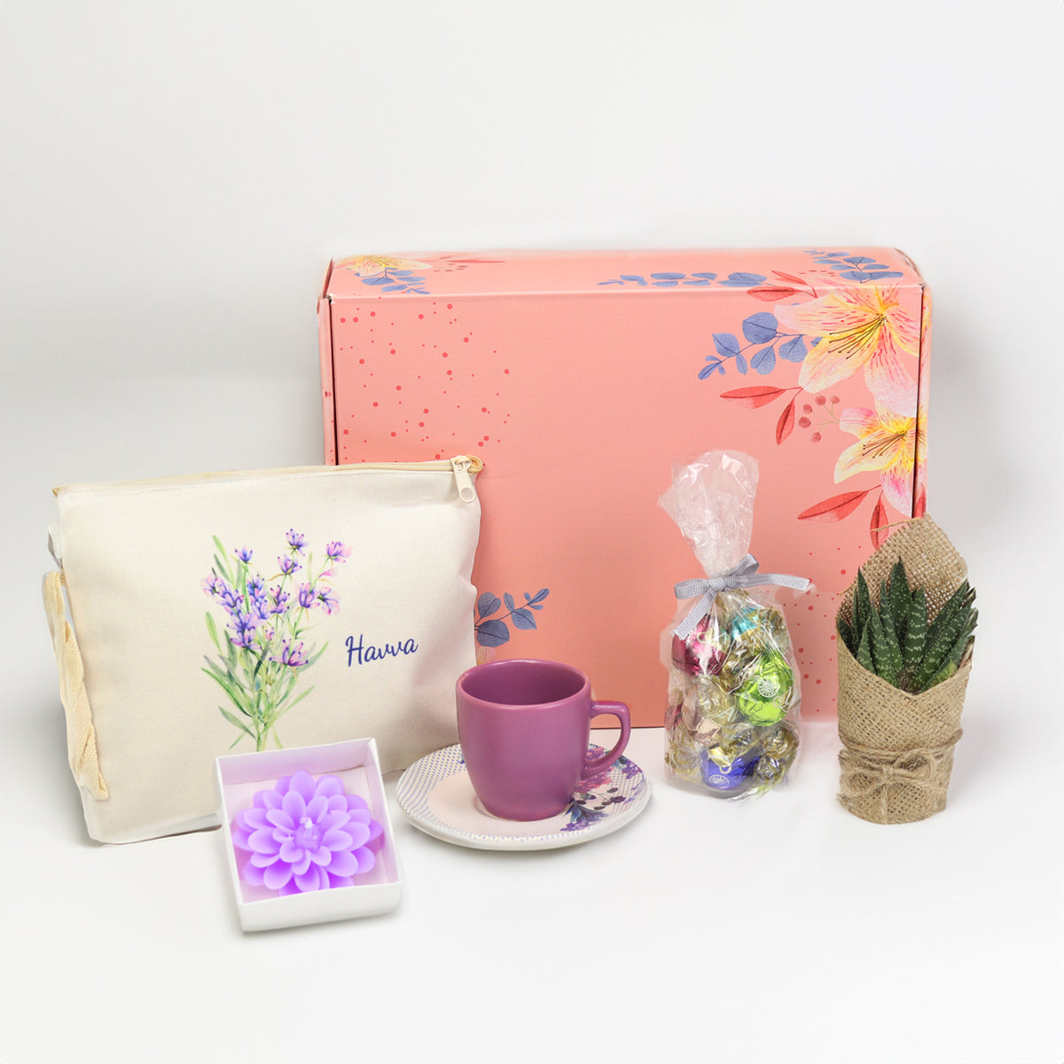 Mor Türk Kahvesi Fincanı & Lotus Mum & Kişiye Özel Baskılı Ham Bez Çanta & Lavi Çikolata & Canlı Sukulent Çiçek