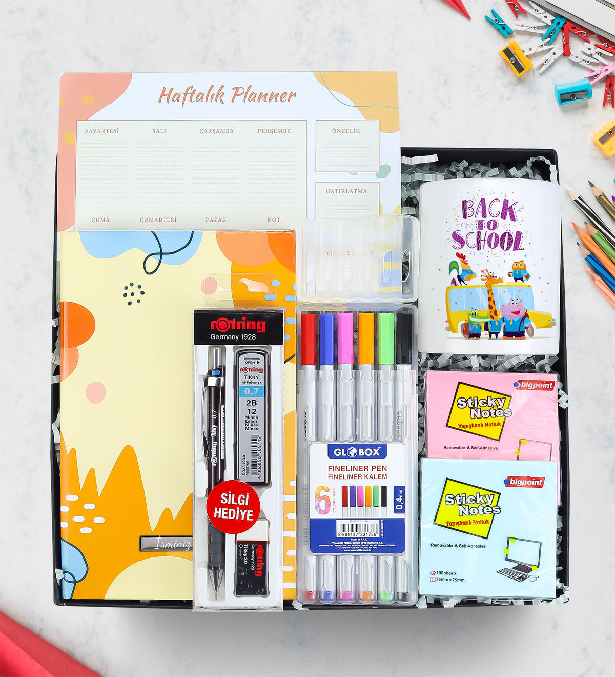 Planner & Defter & 2'li Notluk & Fineliner Kalem & Rotring Kalem Seti & Kalemlik Hediye Seti