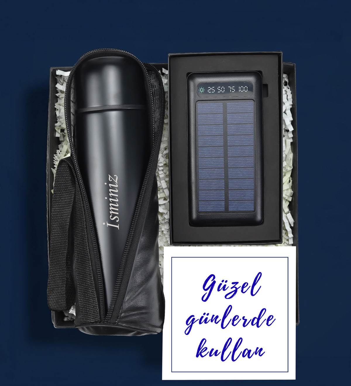 Kişiye Özel Termos Güneş Enerjili Powerbank Hediye Seti