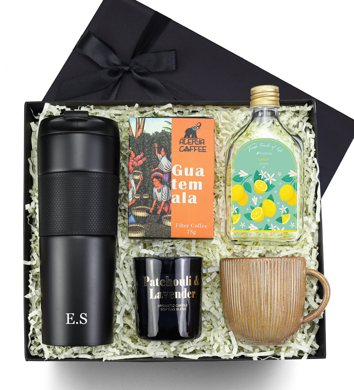 French Press Termos & Porselen Kupa & Rakle Mum & Alerya Guatemala Filtre Kahve & 200 ml Trendmiya Limon Kolonyası Hediye Seti