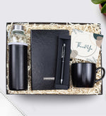 Kişiye Özel Siyah Defter & Siyah Touch Kalem & Mat Siyah Kupa & 500ml Deri Kılıflı Cam Su Matarası Hediye Seti