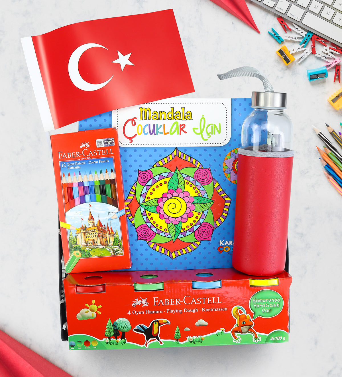 Mandala & Matara & Faber Castell Kuru Boya & Oyun Hamuru & Bayrak Hediye Seti