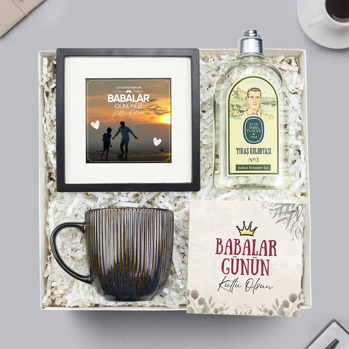 Paspartu Çerçeve & Porselen Kupa & Eyüp Sabri Tuncer Tıraş Kolonyası Hediyesi