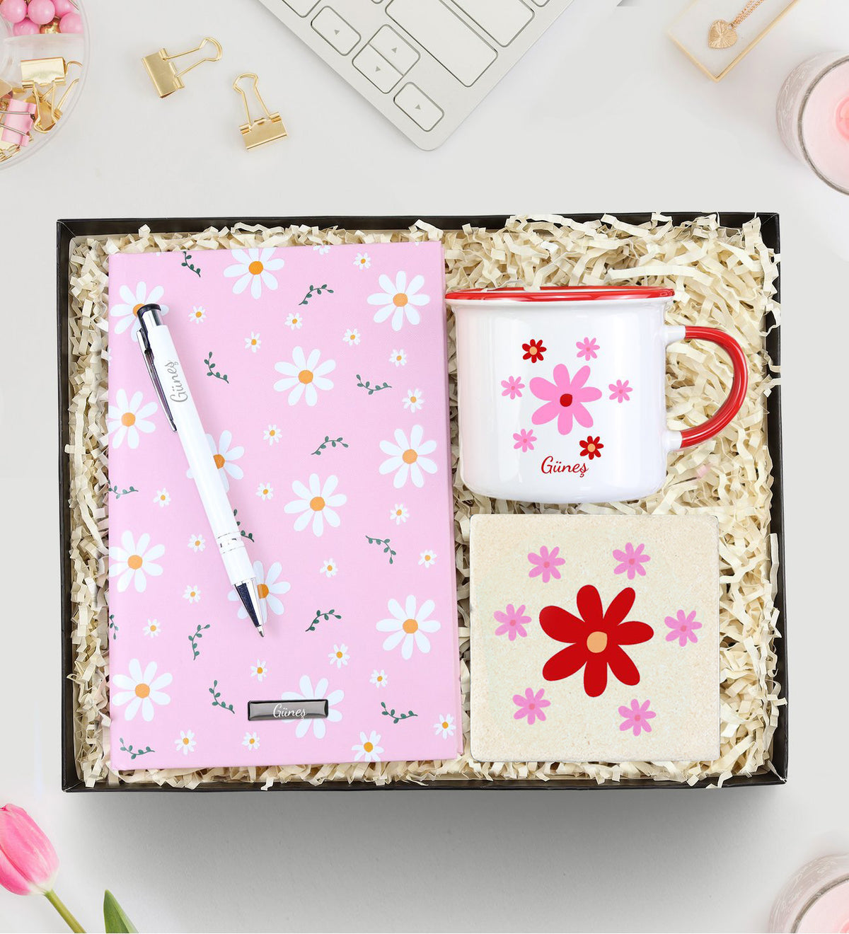 Tasarım Defter & Tükenmez Kalem & Taş Bardak Altlığı & Kupa Hediye Seti