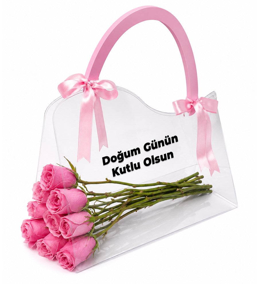 Şeffaf Çantada Pembe Gül Buketi
