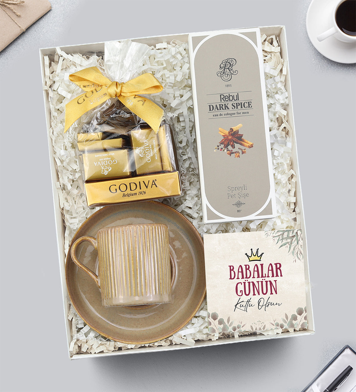 Kahverengi Çizgili Porselen Fincan & Rebul Kolonya & Godiva Napoliten Çikolata Hediye Seti