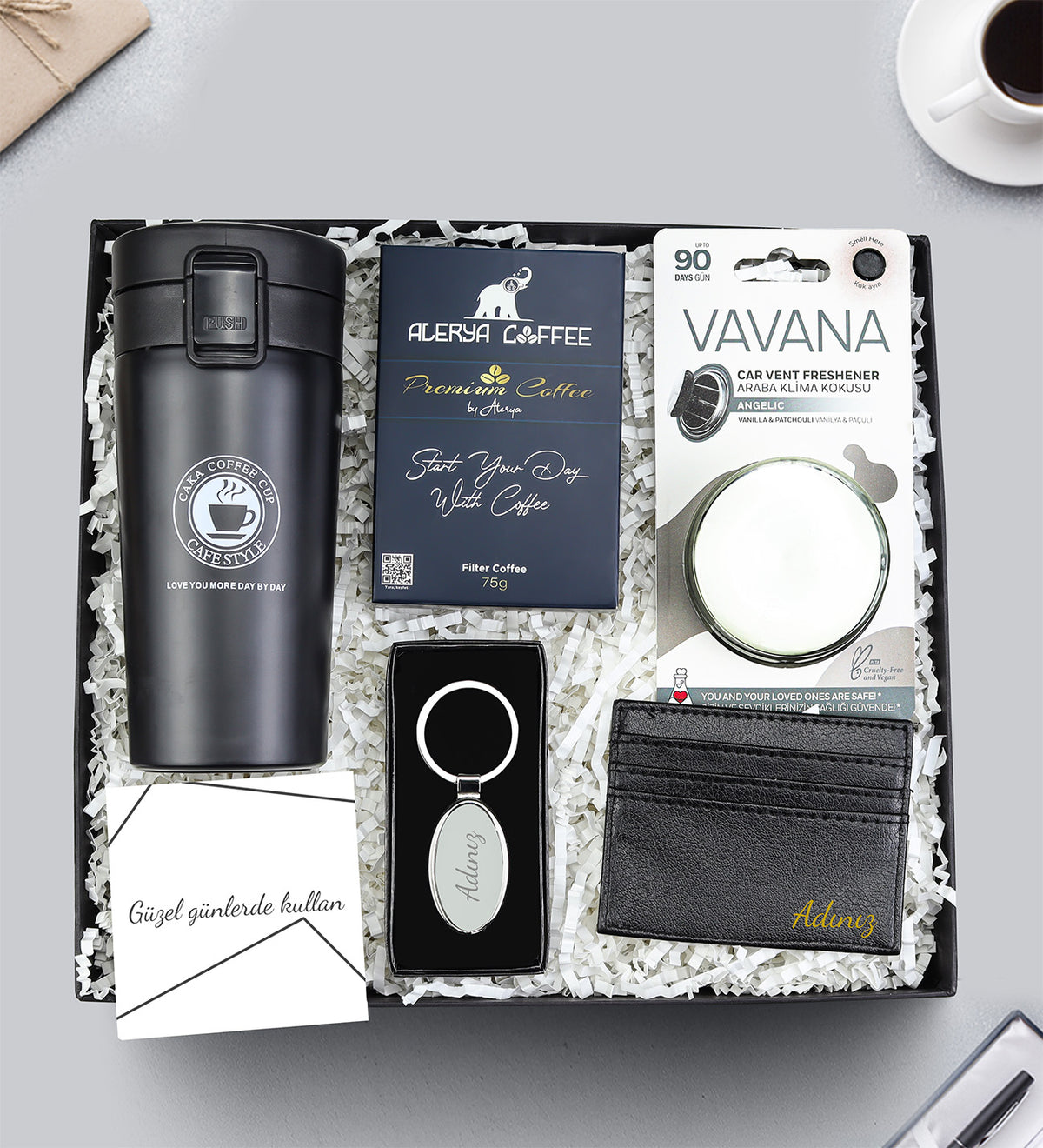 Kilitli Termos & Anahtarlık & Alerya Premium Filtre Kahve & Araç Kokusu & Kartlık Hediye Seti