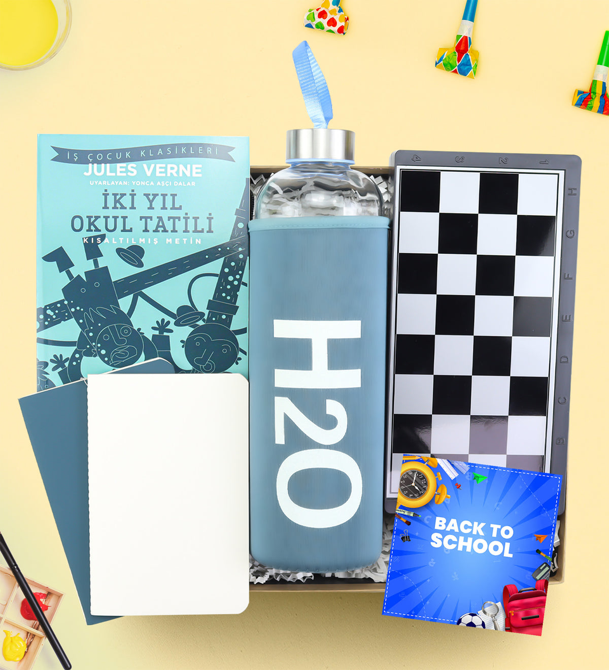 Okuma Kitabı & Matara & Manyetik Satranç - Tavla - Dama & 2'li Not Defteri Hediye Seti