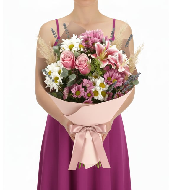 Tasarım Bukette Pembe Lilyumlar ve Papatyalar