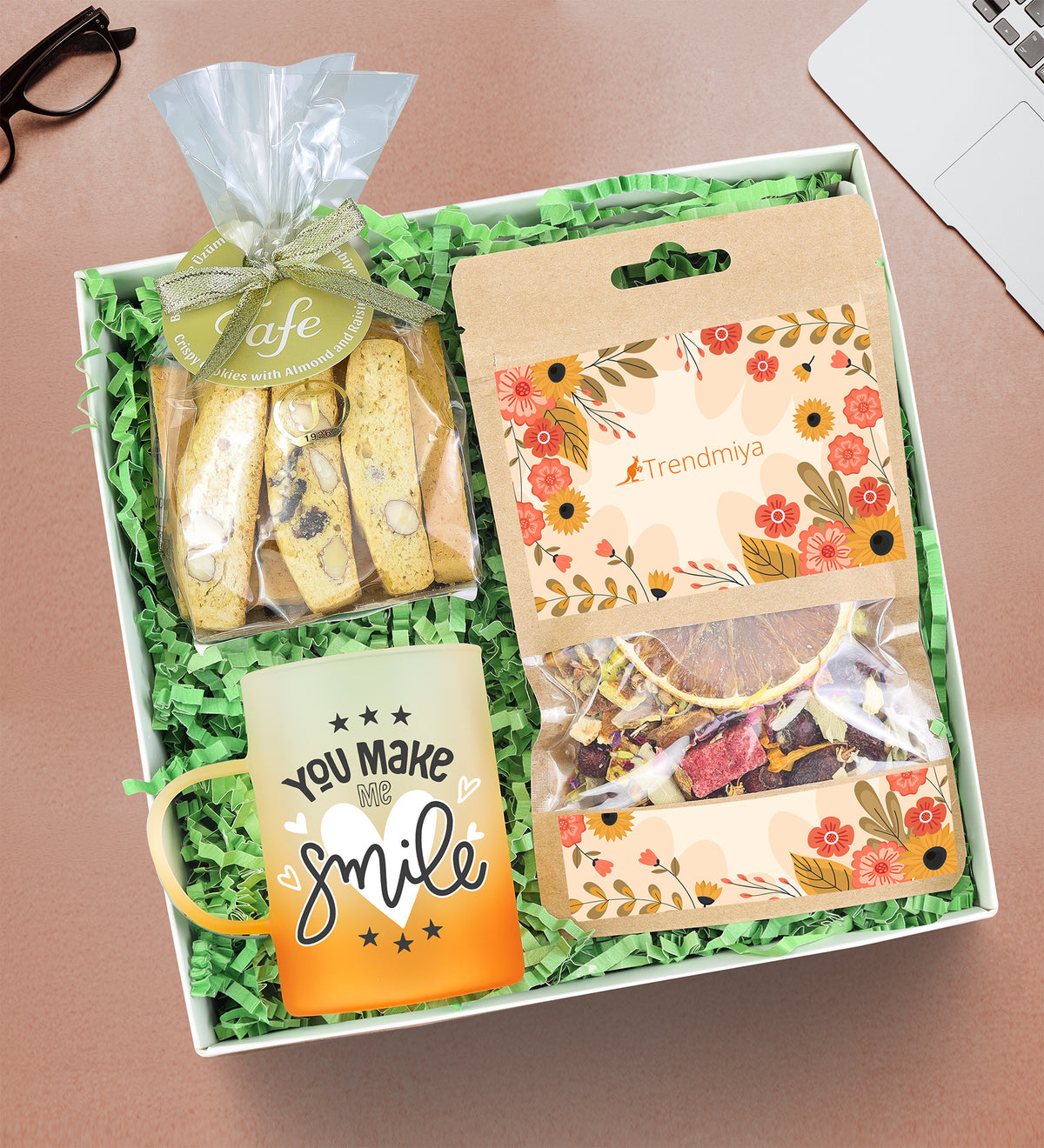 Buzlu Turuncu Kupa & Bitki Çayı & Bademli Kurabiye Hediye Seti