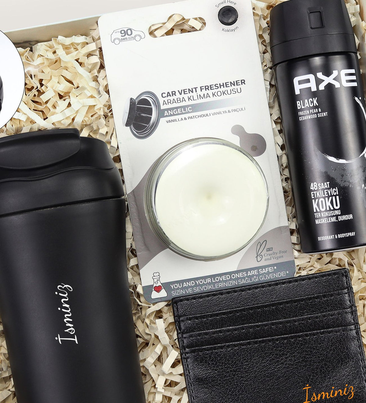 Kişiye Özel 400 ml Pipetli Çelik Termos & Kişiye Özel Siyah Kartlık & Araba Klima Kokusu & Erkek Deodorant Hediye Seti