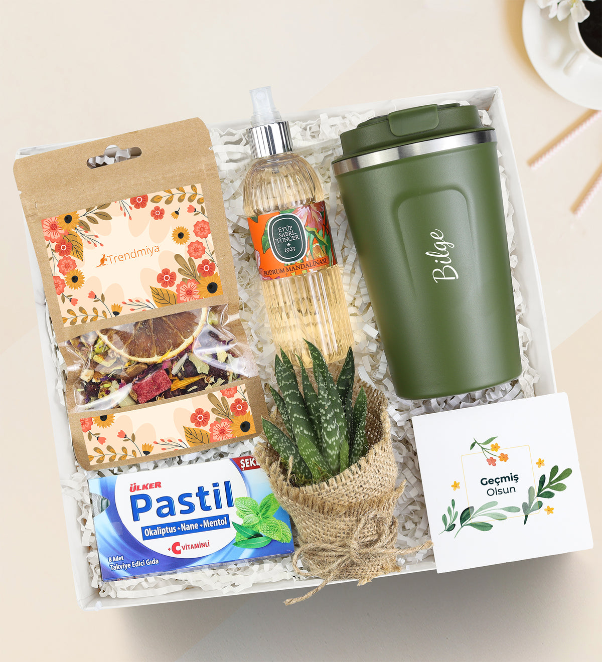 Trendmiya Bitki Çayı & Kişiye Özel 350 ML Çelik Termos & Eyüp Sabri Tuncer 150ml Kolonya & Canlı Sukulent & Ülker Pastil Hediye Seti