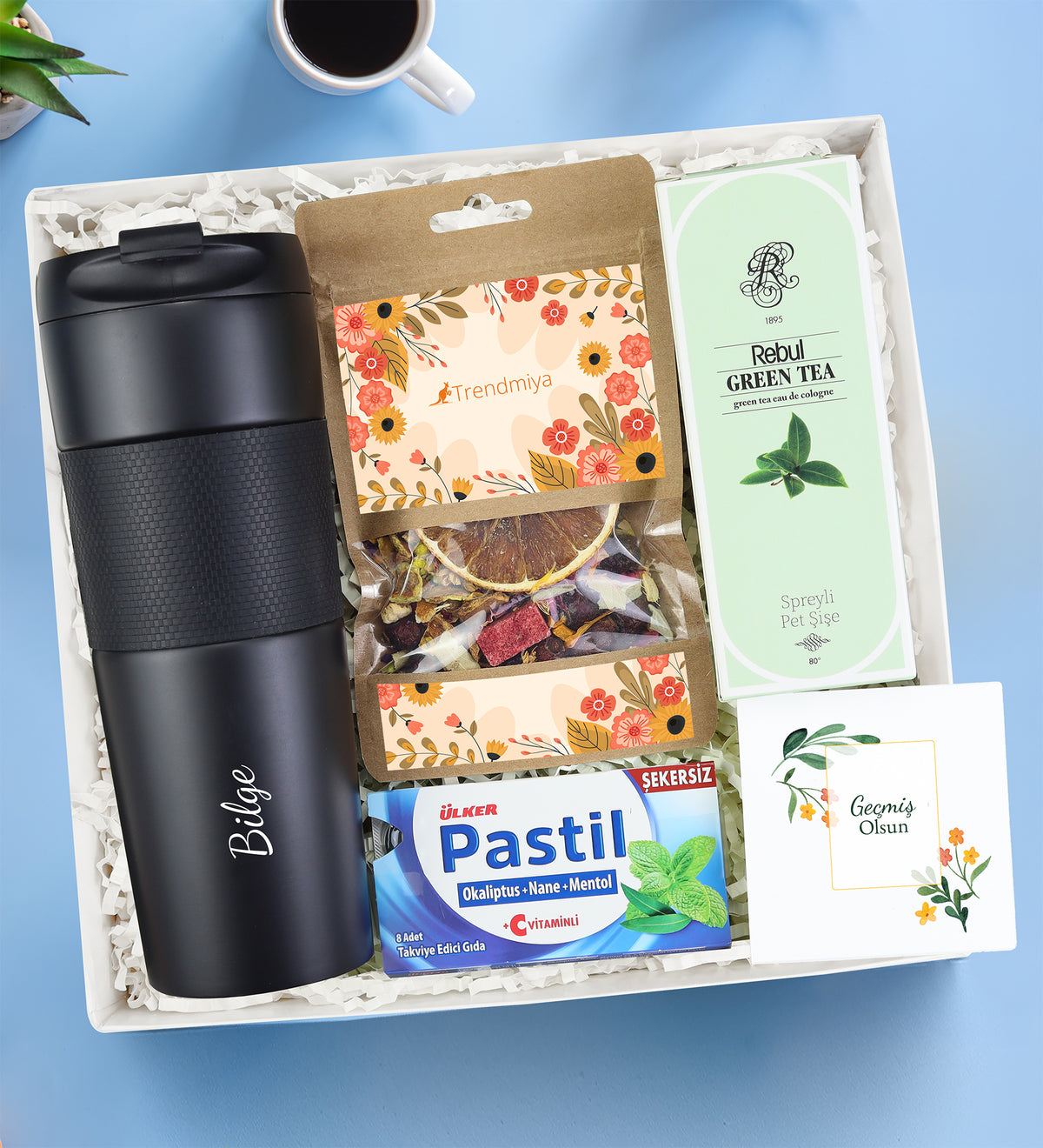French Press Termos & Bitki Çayı & Rebul Kolonya & Ülker Pastil Hediye Seti