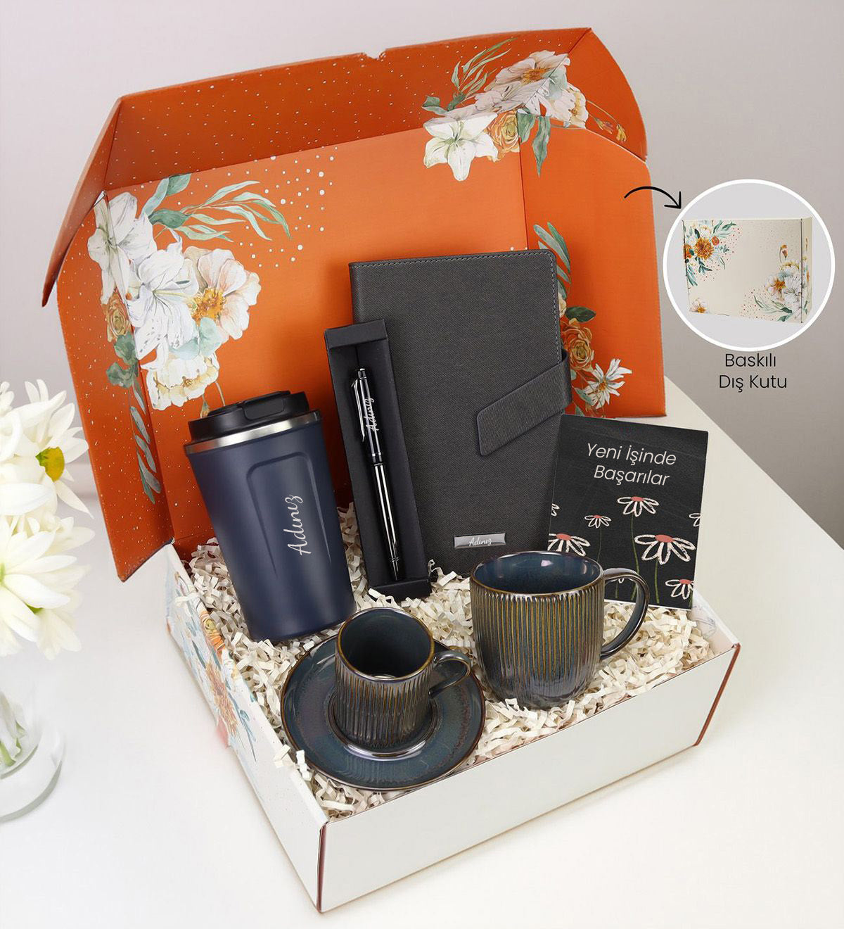 Termos & Roller Kalem & Mıknatıslı Defter & Çizgili Porselen Kupa & Çizgili Porselen Türk Kahvesi Fincanı Hediye Seti