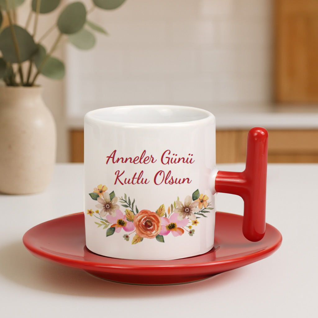 Kırmızı T Kulplu Türk Kahvesi Fincanı