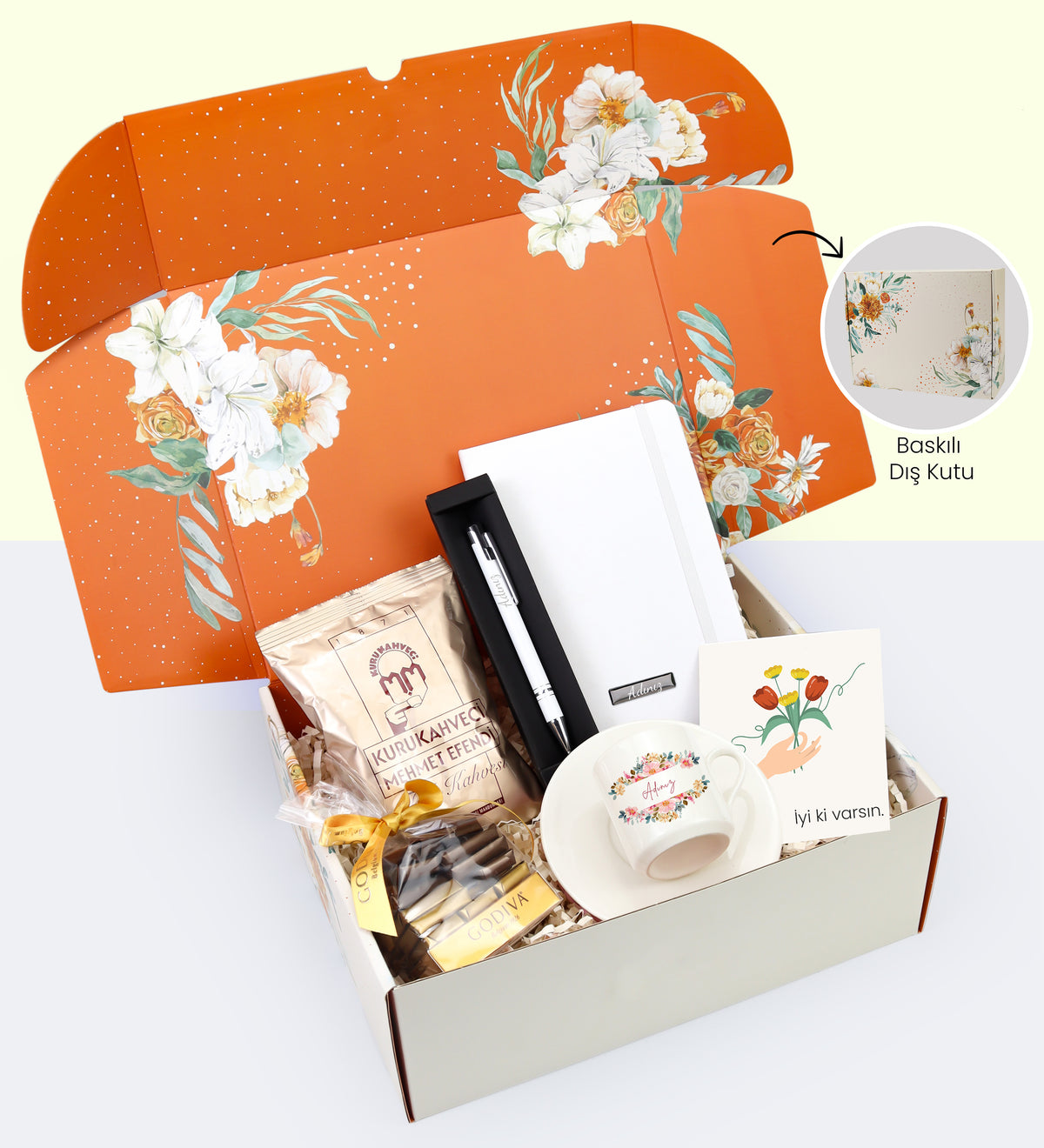 Kişiye Özel Tükenmez Kalem & Defter & Fincan & Türk Kahvesi & Çikolata Hediye Seti