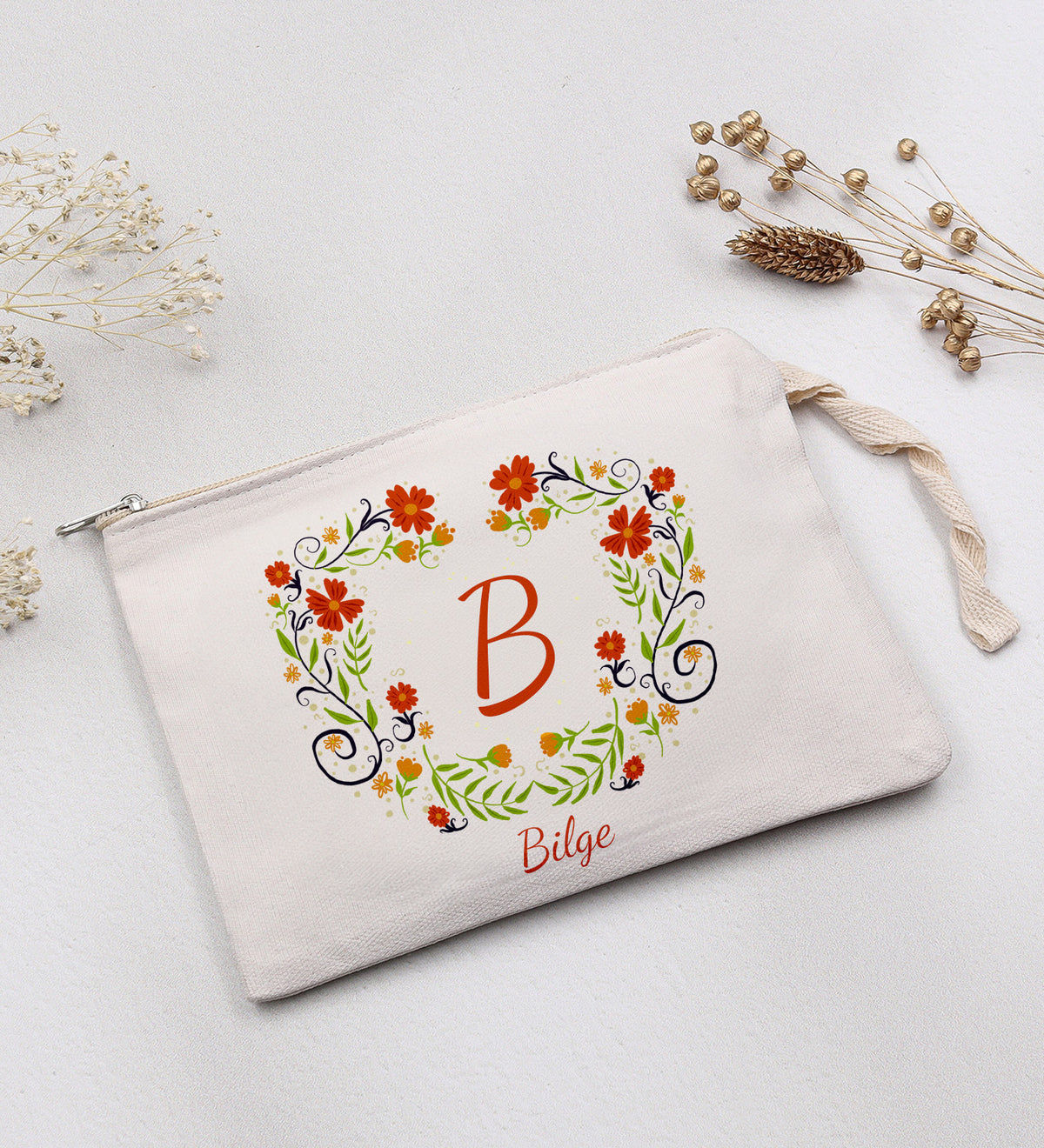 Turuncu Çiçekli Kutusunda Kişiye Özel Ham Bez Çanta & Çubuk Tütsü & Turuncu Türk Kahvesi Fincanı & Kabak Lifli Sabun & Kraft Kutulu Mum