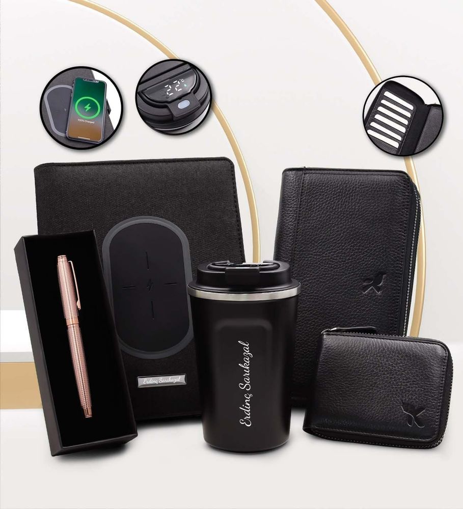 Kişiye Özel Wireless Powerbank 5000 mAh Organizer & Roller Kalem & Dereceli 350 ML Termos & Hakiki Deri Portföy Cüzdan & Hakiki Deri Kartlık Hediye Seti