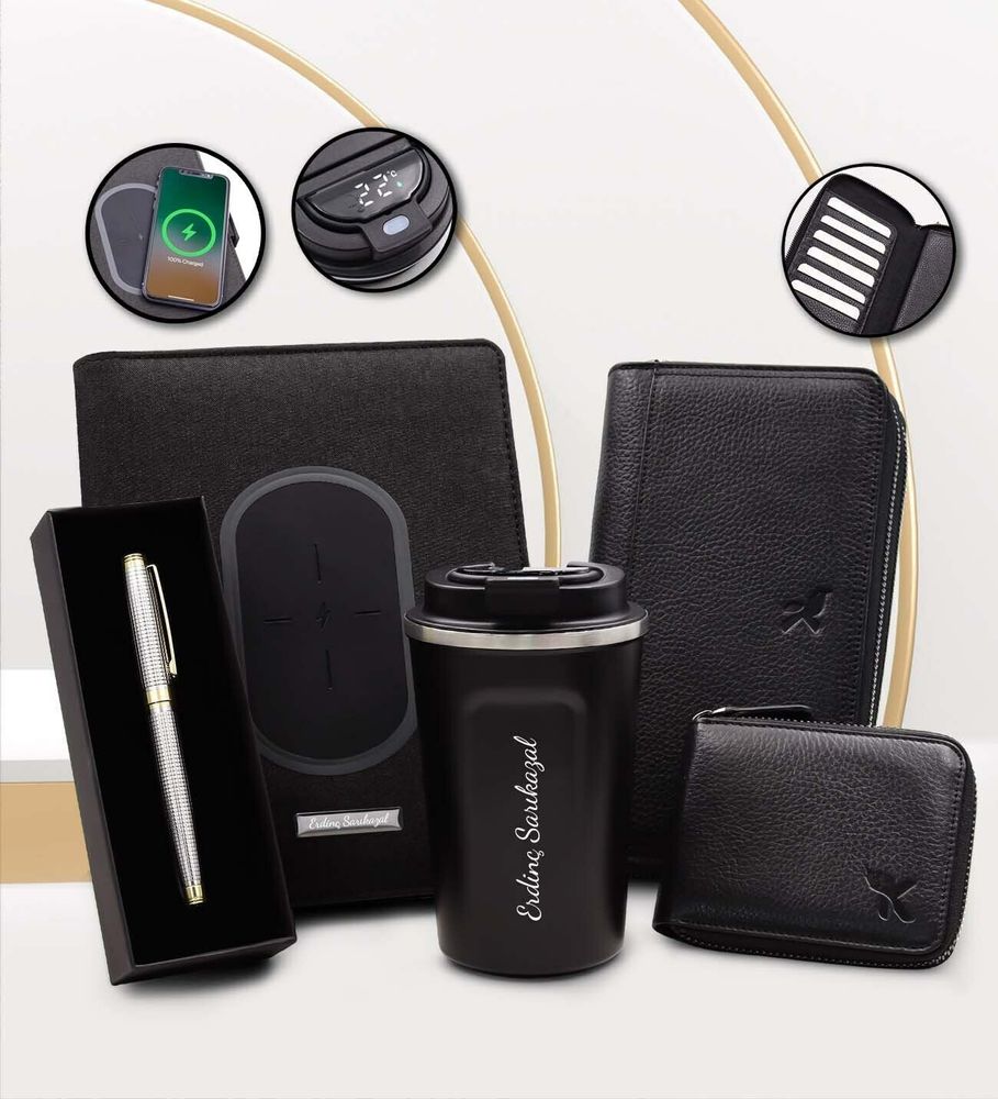 Kişiye Özel Wireless Powerbank 5000 mAh Organizer & Roller Kalem & Dereceli 350 ML Termos & Hakiki Deri Portföy Cüzdan & Hakiki Deri Kartlık Hediye Seti
