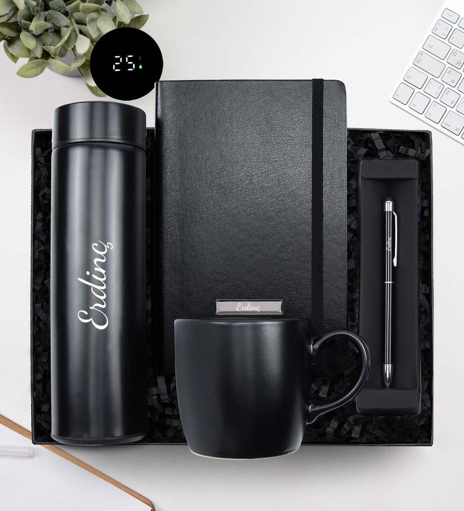 Kişiye Özel 500 ML Dereceli Siyah Çelik Termos & Siyah Touch Pen & Siyah Defter & Siyah Kupa Hediye Seti