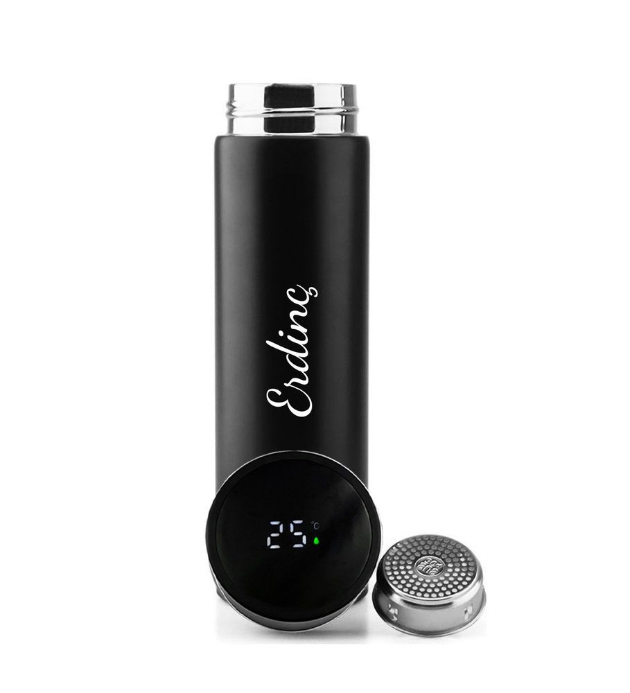 Kişiye Özel 500 ML Dereceli Siyah Çelik Termos & Siyah Touch Pen & Siyah Defter & Siyah Kupa Hediye Seti