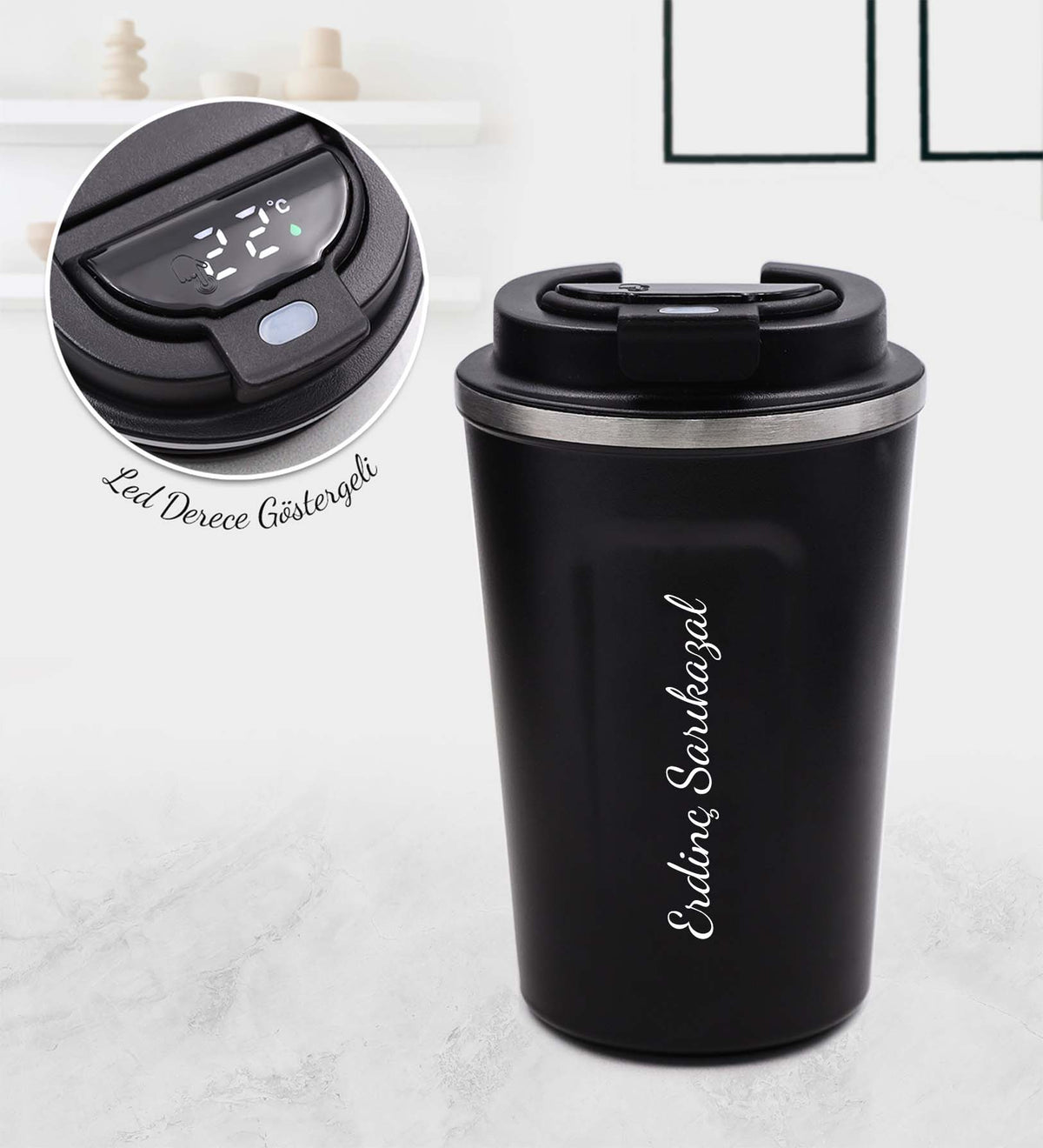 Siyah Dereceli Termos & İnstagram Çerçeve & Ayıcık Anahtarlık Hediye Seti