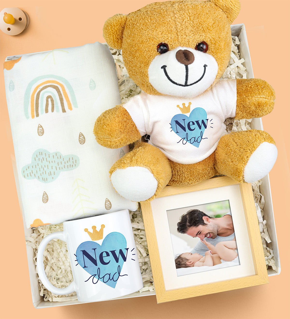 Kişiye Özel Ahşap Çerçeve & Müslin Örtü & Kupa Bardak & Baskılı Peluş Ayıcık Hediye Seti
