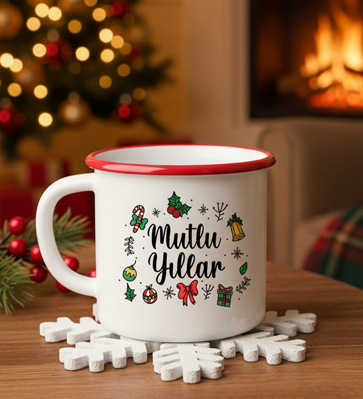 Mutlu Yıllar Vintage Kupa & Ekose Mum & Pet Şişe 100ml Kolonya & Baston Şeker Hediye Seti