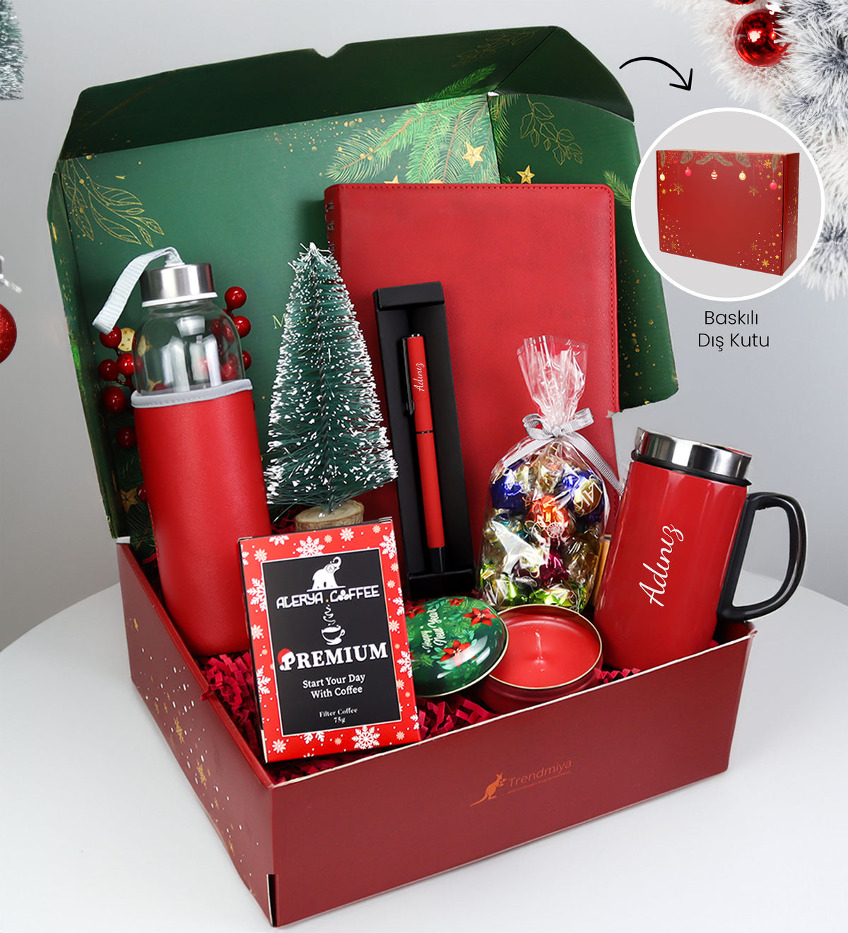 Yılbaşına Özel 500Ml Kırmızı Su Matarası & Metal Kutulu Mum & 280 ML Kulplu Kırmızı Çelik Termos & Kırmızı Ajanda & Roller Kalem Hediye Seti