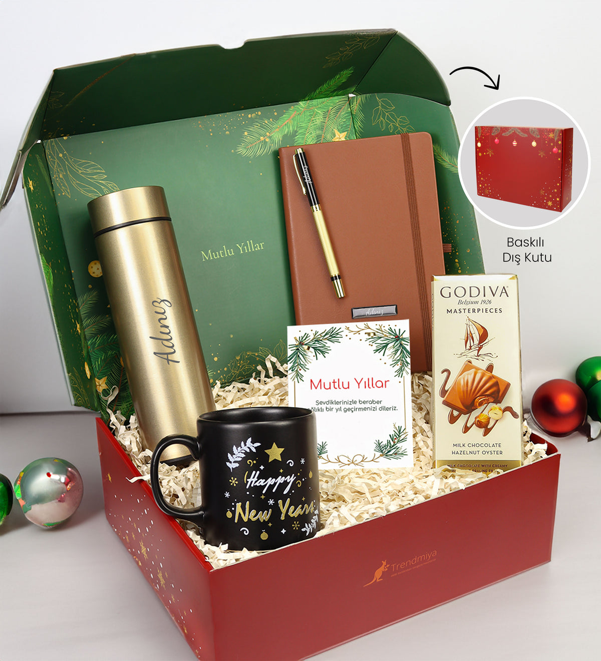 Yılbaşına Özel Happy New Years Kupa & Kahverengi Defter & Gold Siyah Roller Kalem & Kişiye Özel 500 ML Gold Renk Dereceli Termos & Godiva Çikolata Hediye Seti