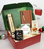 Yılbaşına Özel Happy New Years Kupa & Kahverengi Defter & Gold Siyah Roller Kalem & Kişiye Özel 500 ML Gold Renk Dereceli Termos & Godiva Çikolata Hediye Seti