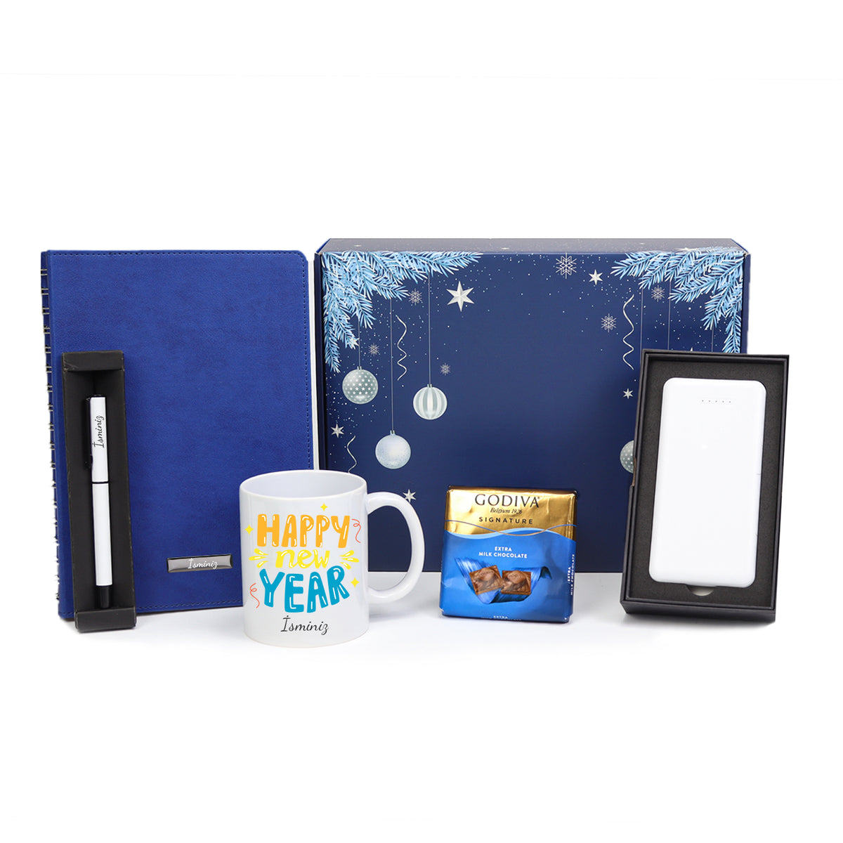 Kişiye Özel Mavi Ajanda & Roller Kalem & Tasarım Kupa & Çikolata & Powerbank Hediye Seti