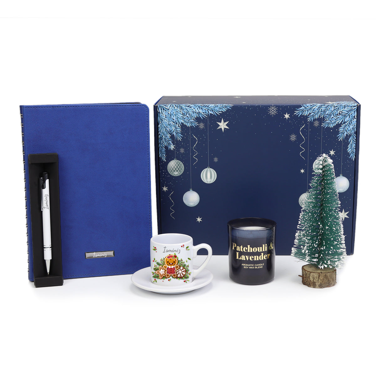 Mavi Ajanda & Tükenmez Kalem & Baskılı Fincan & Bardak Mum & Mini Çam Ağacı Hediye Kutusu