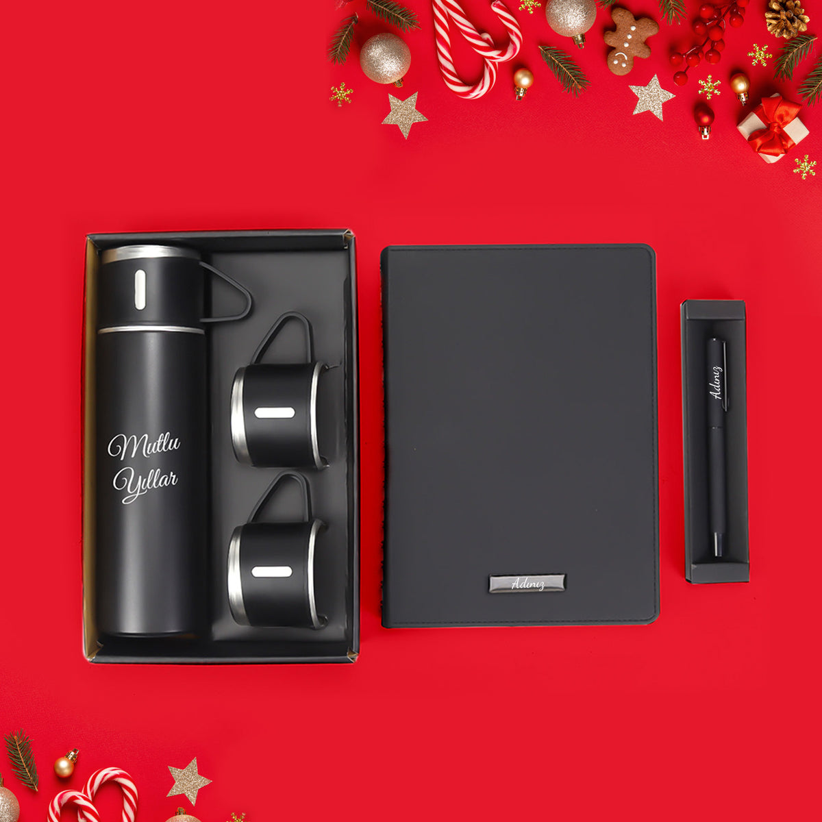 Kişiye Özel Bardaklı Termos & Spiralli Yeni Yıl Tarihli Ajanda & Mat Roller Kalem